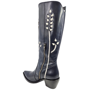 Tall dark blue cowboy boots with white floral embroidery, side zipper, and stacked heel