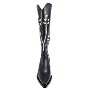 Tall dark blue cowboy boots with pointed toe and white floral embroidery on shaft