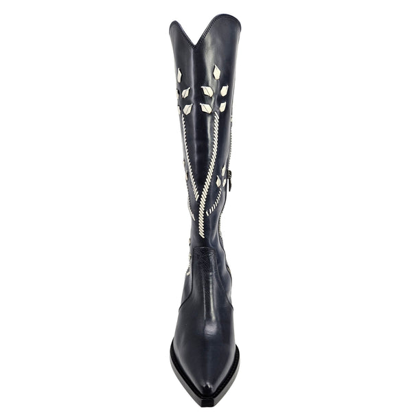 Tall dark blue cowboy boots with pointed toe and white floral embroidery on shaft