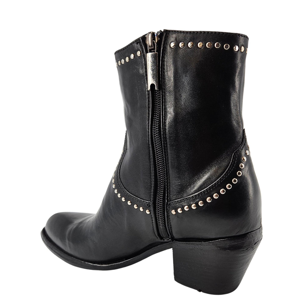 Black leather ankle boot with silver-tone studded trim and block heel