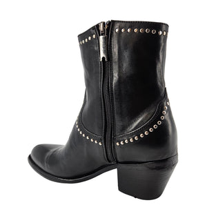 Black leather ankle boot with side zipper and silver-tone studded strap detail