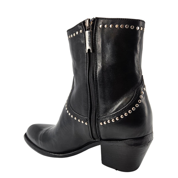 Black leather ankle boot with side zipper and silver-tone studded strap detail
