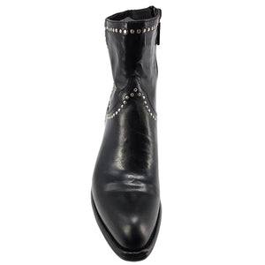 Black leather ankle boot with small silver-tone studs at upper and block heel
