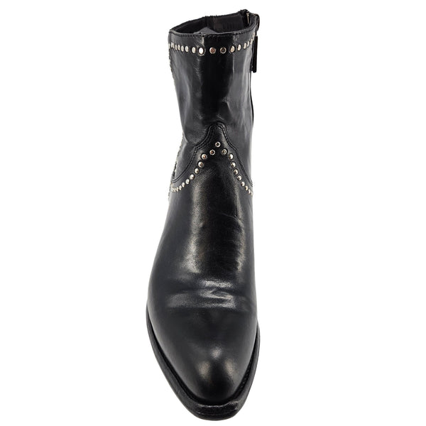 Black leather ankle boot with small silver-tone studs at upper and block heel