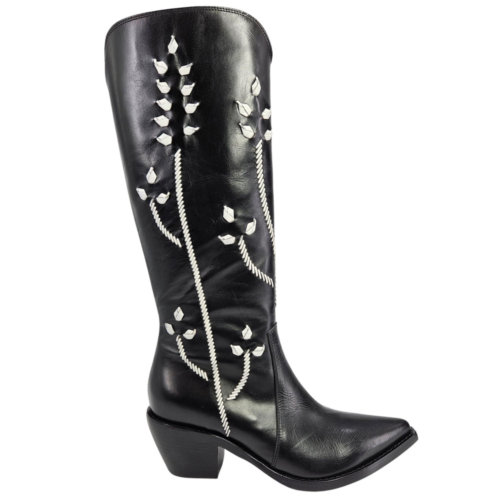 Black tall leather cowboy boots with white floral embroidery, stacked block heel