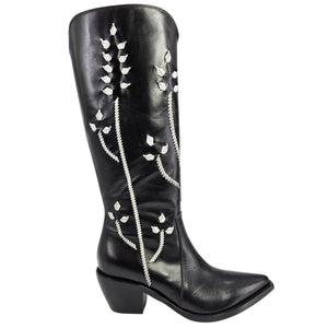 Black tall leather cowboy boots with white floral embroidery, stacked block heel