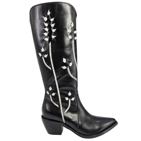 Black tall leather cowboy boots with white floral embroidery, stacked block heel