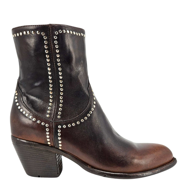 Studded western ankle boot in dark leather with metal rivet trim and block heel