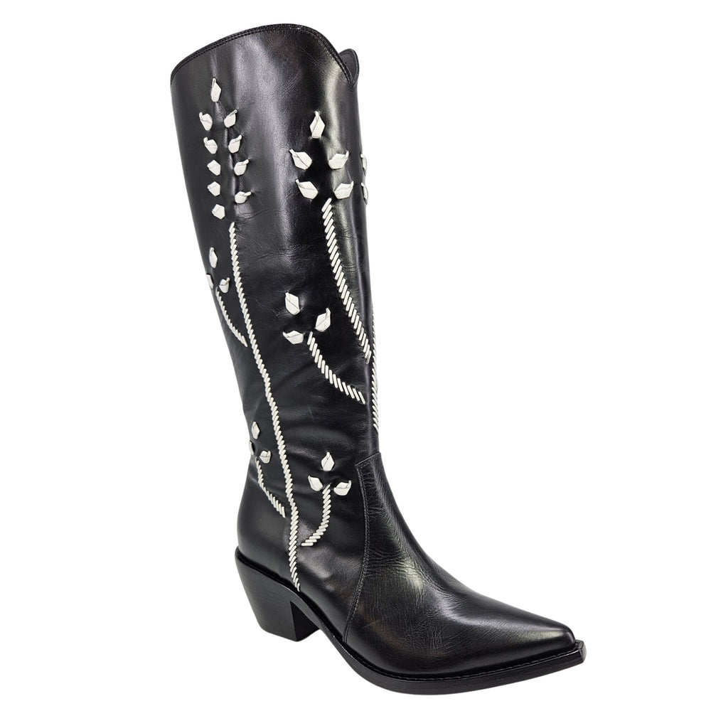 Black tall leather cowboy boots with white floral embroidery, stacked block heel