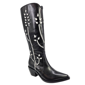 Black tall leather cowboy boots with white floral embroidery, square toe block heel