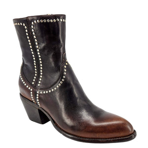 Studded western ankle boot with side stitch design and dark leather upper, block heel