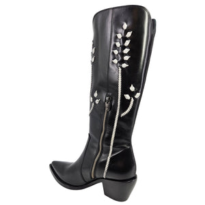 Black tall leather cowboy boots with white floral embroidery and side zipper detail