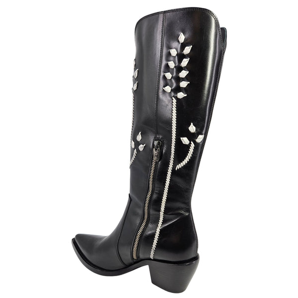 Black tall leather cowboy boots with white floral embroidery and side zipper detail