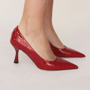 Red croc-embossed leather pointed-toe hi-heel pump with stiletto heel