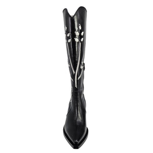 Black tall leather cowboy boots with white floral embroidery, pointed toe and stacked heel