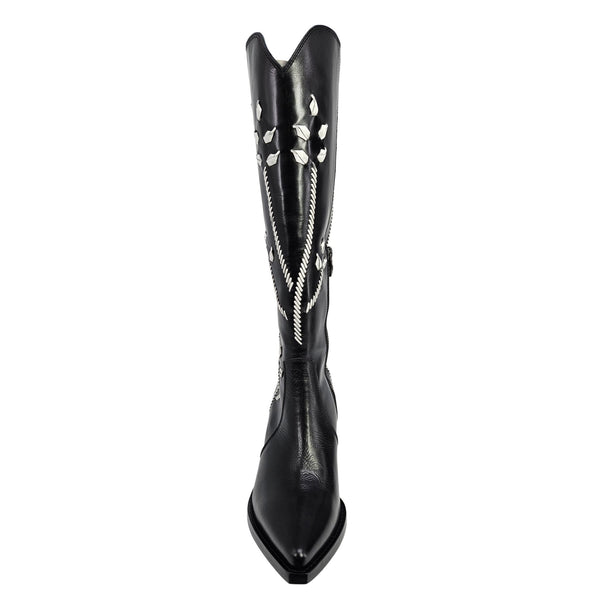 Black tall leather cowboy boots with white floral embroidery, pointed toe and stacked heel