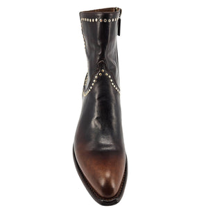 Tall western ankle boot in dark leather with studded V detail and slim heel pull-tab