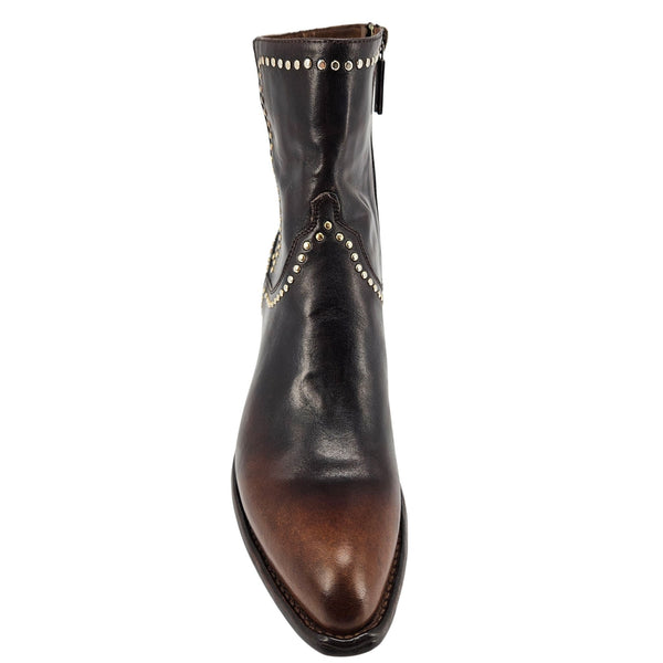 Tall western ankle boot in dark leather with studded V detail and slim heel pull-tab