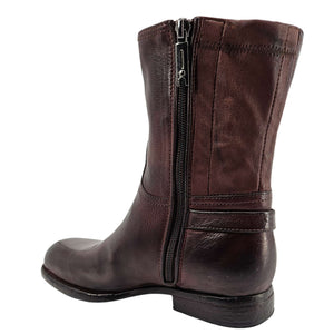 Brown leather mid-calf boot with side zipper and ankle strap band