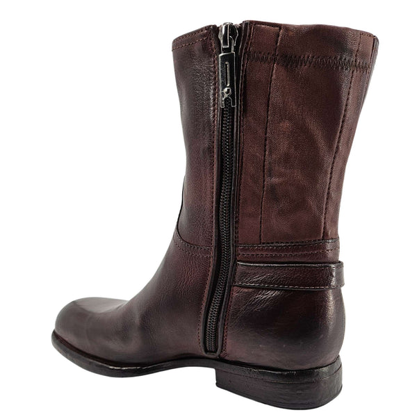 Brown leather mid-calf boot with side zipper and ankle strap band