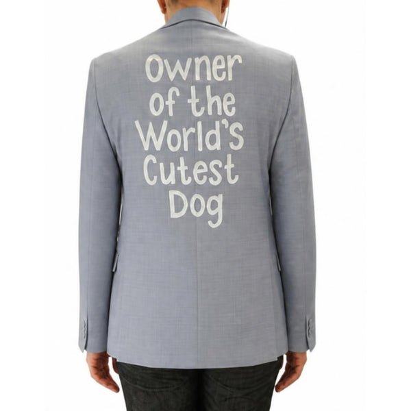 Light blue Calvin Klein blazer with “Owner of the World’s Cutest Dog” back graphic
