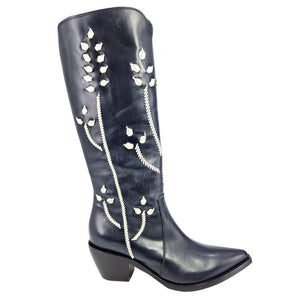 Tall dark blue leather cowboy boots with white floral embroidery and block heel
