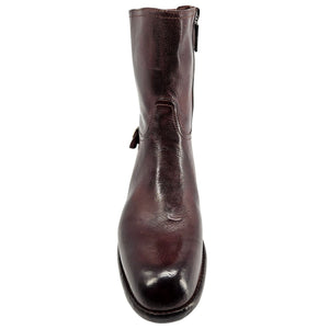 Brown leather mid-calf boot with tall shaft and rounded toe
