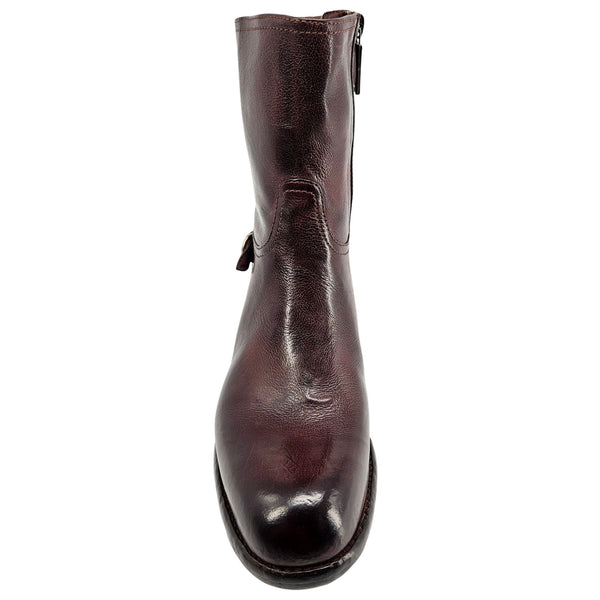 Brown leather mid-calf boot with tall shaft and rounded toe