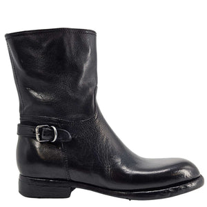 Black leather mid-calf boot with side buckle strap and small block heel