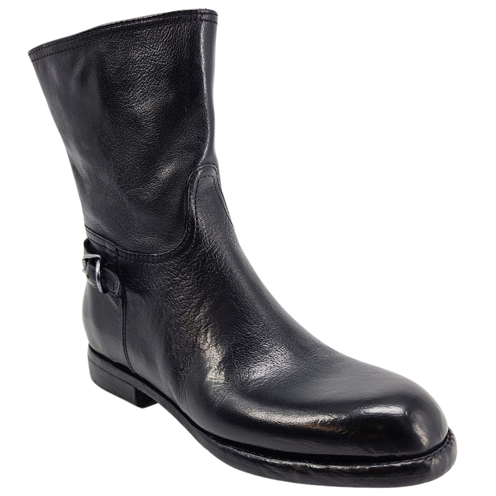 Black leather mid-calf boot with side buckle strap and small block heel