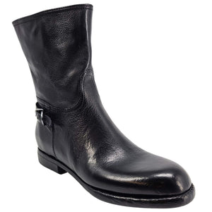 Black leather mid-calf boot with side buckle strap and treaded outsole