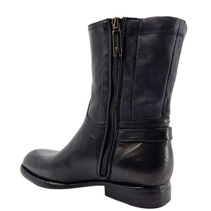 Black leather mid-calf boot with side zipper and stitched ankle trim