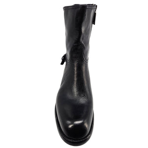 Black leather mid-calf boot with top loop pull tab and side stitching