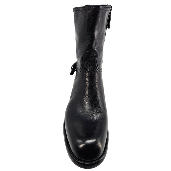 Black leather mid-calf boot with top loop pull tab and side stitching