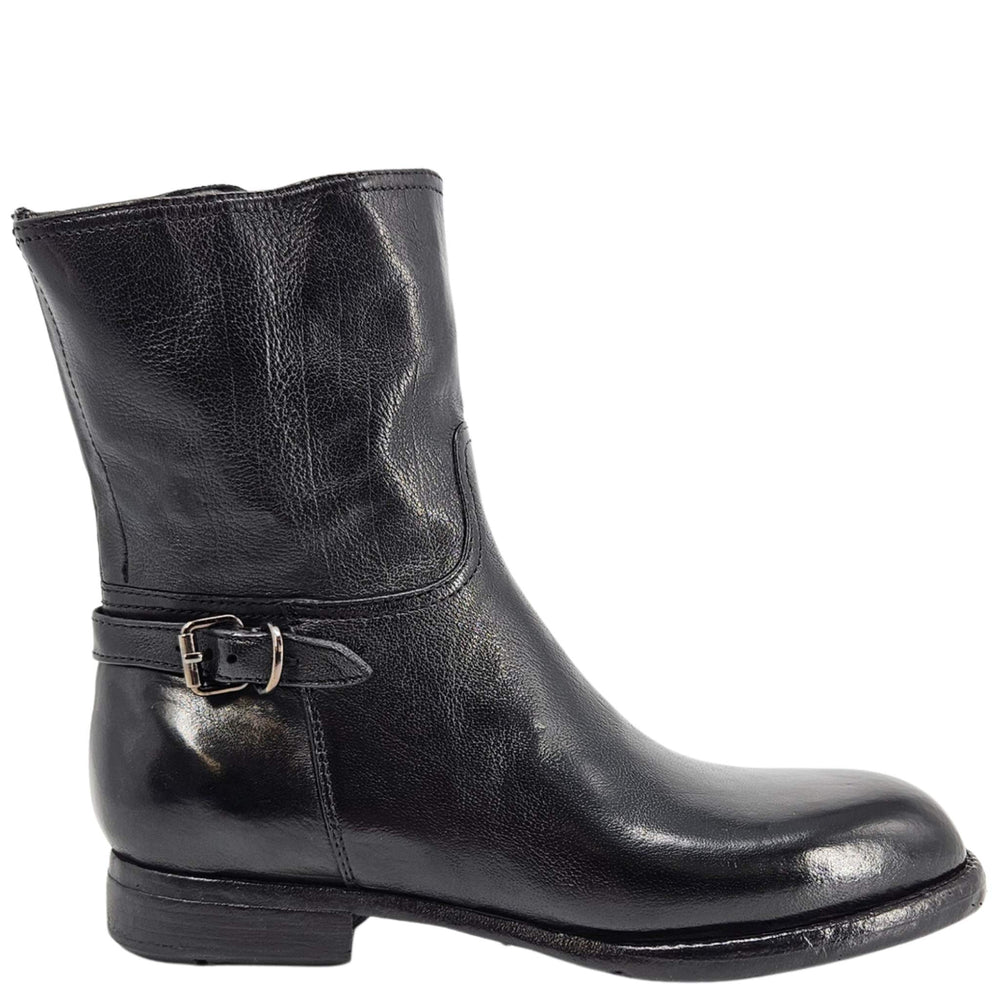 Mid-calf leather boot with side buckle strap and low stacked heel