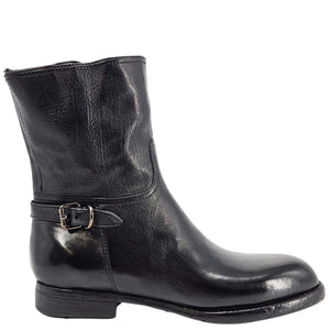Mid-calf leather boot with side buckle strap and low stacked heel