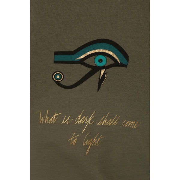 Green-and-black eye graphic with gold cursive text on dark background