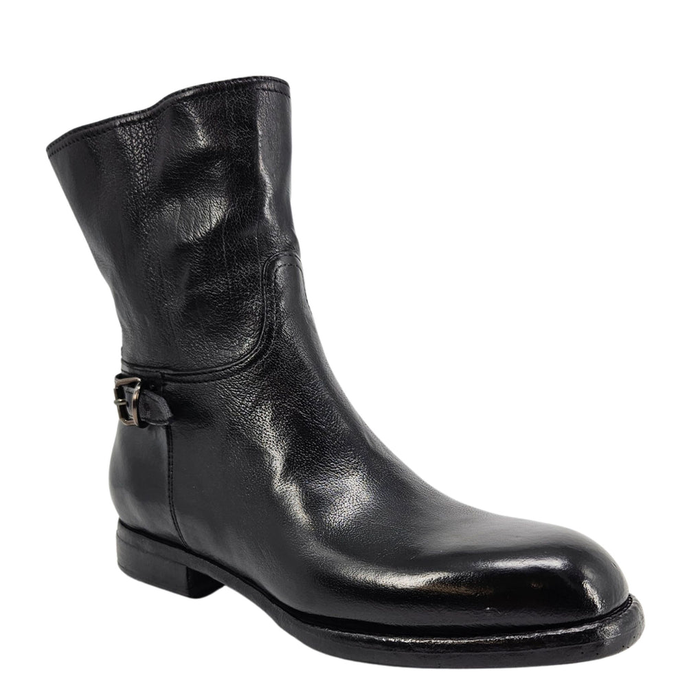 Mid-calf leather boot with side buckle strap and low stacked heel