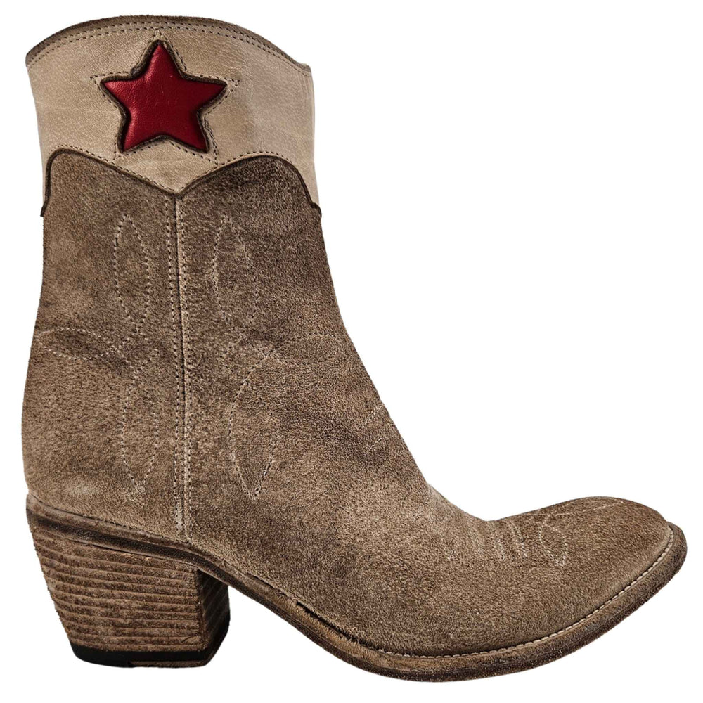 Beige suede ankle cowboy boots with red star patch and stacked block heel