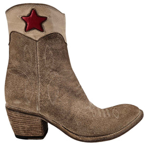 Beige suede ankle cowboy boots with red star patch and stacked block heel