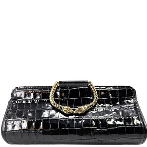 Black croc-embossed clutch top handle with gold-tone clasp detail