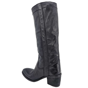 Black leather knee-high pull-on boot, back angle, low stacked heel and curved toe