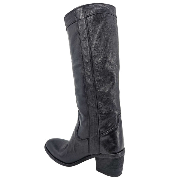 Black leather knee-high pull-on boot, back angle, low stacked heel and curved toe