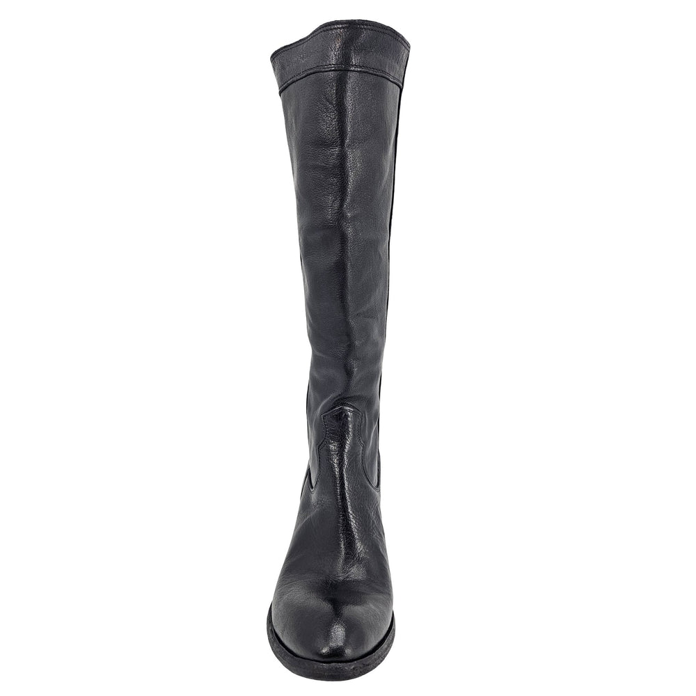 Black leather knee-high pull-on boot with stacked low heel and rounded toe