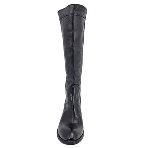 Black leather knee-high pull-on boot, full front view, smooth upper and low heel