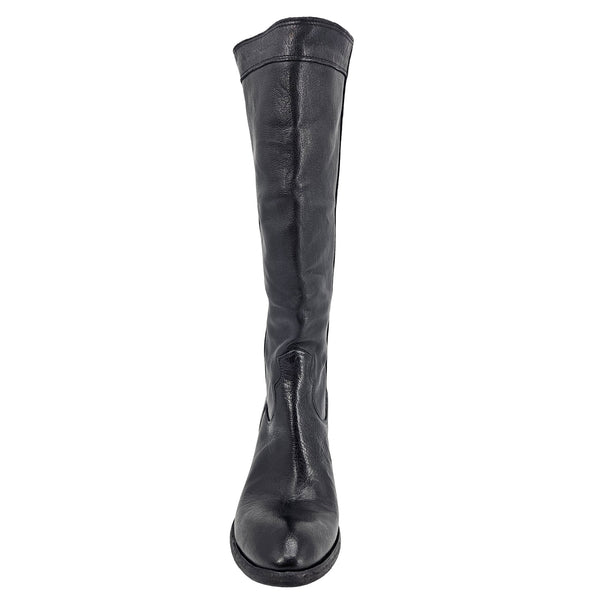 Black leather knee-high pull-on boot, full front view, smooth upper and low heel