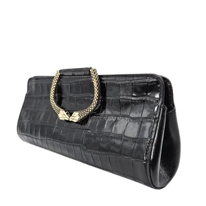 Black crocodile-embossed clutch with gold chain handle and snap top