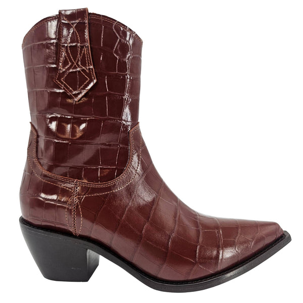Croc-embossed ankle boot with pointed toe, dark chocolate leather, block heel