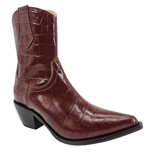 Croc-embossed ankle boot, pointed toe, dark chocolate leather, mid-height block heel