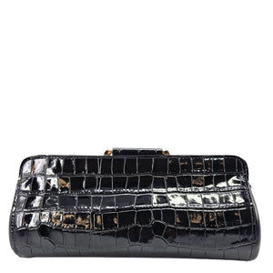 Black crocodile-embossed clutch with top handle and gold-tone clasp